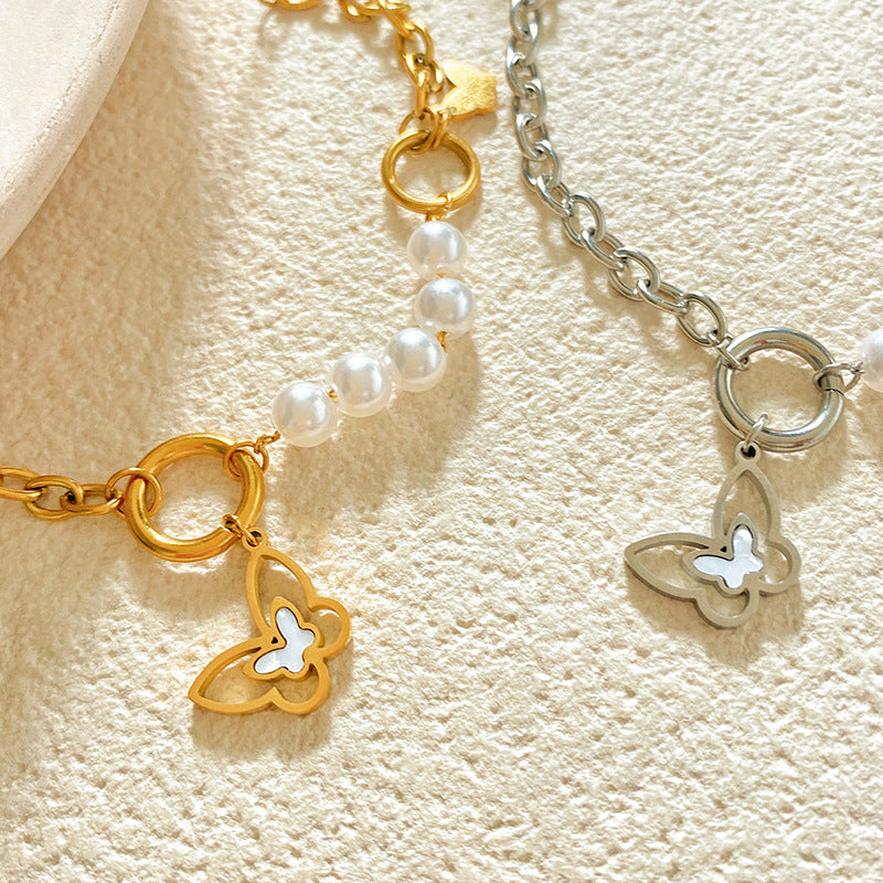 Minimalist Gold Plated Titanium Steel Butterfly Bracelet with Mother of Pearl and Pearl Inlay