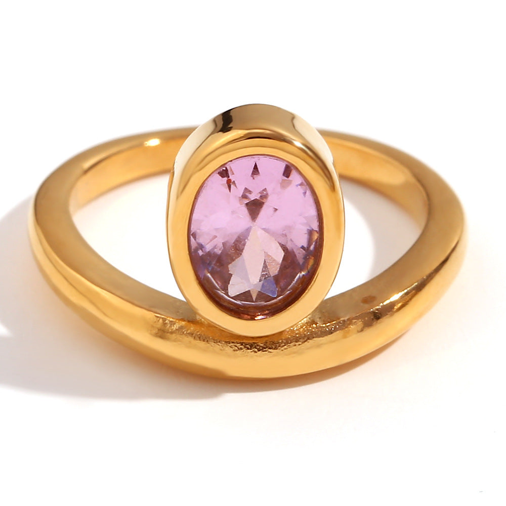 Anello Minimalista a Corona Ovale con Zirconi da Donna in Acciaio Inossidabile Placcato Oro 18K