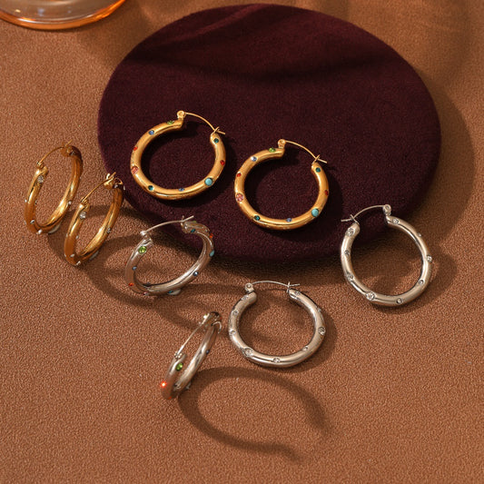 Fashionable Geometric Stainless Steel Earrings with 18K Gold Plating and Rhinestone Accents for Women