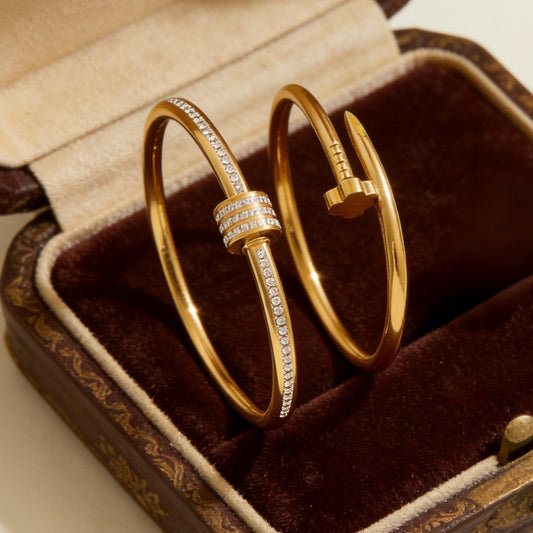 Elegant 18K Gold Plated Geometric Stainless Steel Bangle with Clover and Nail Design
