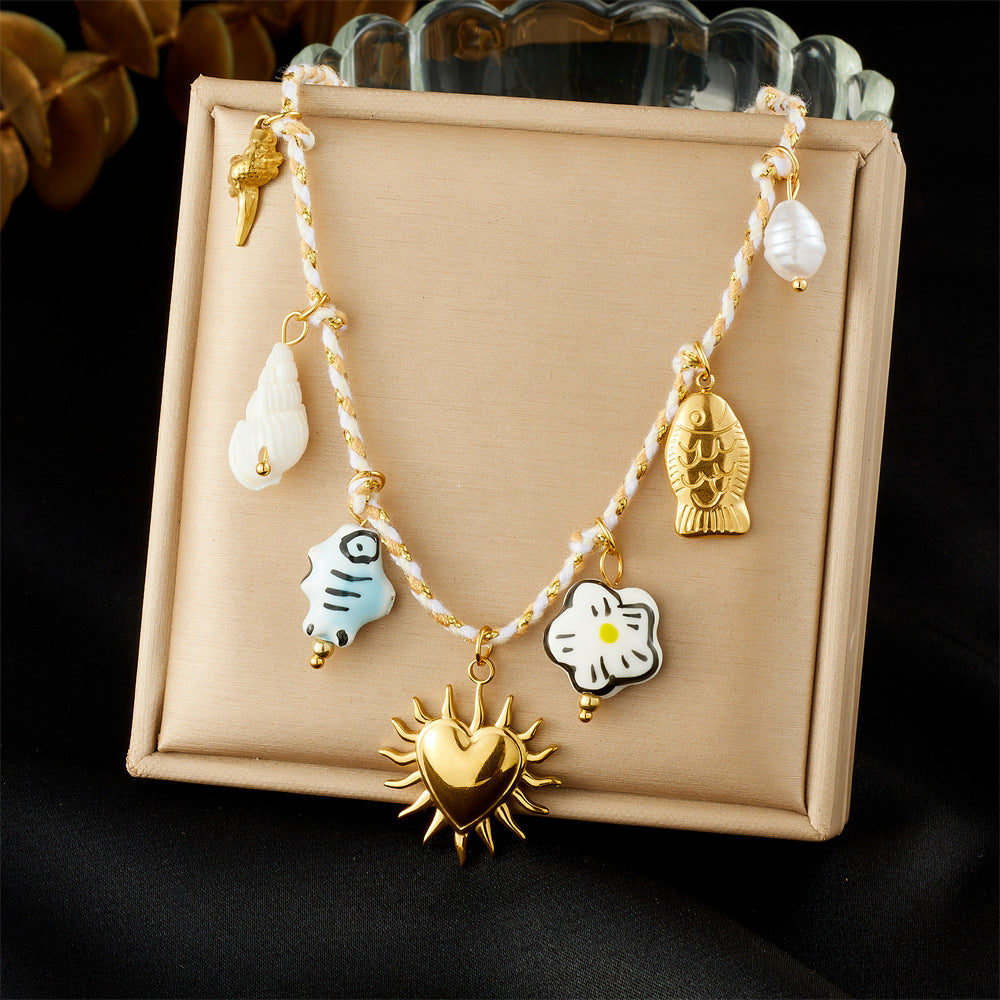 Chic Cartoon Painted Ceramic Fish and Flower Heart Stainless Steel Plated Necklace with Rope Chain for Women