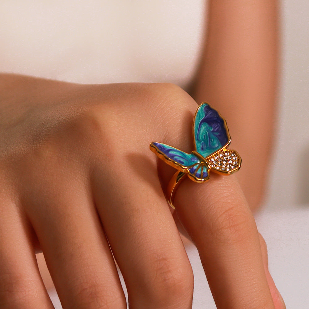 Vintage Butterfly-Shaped Stainless Steel Ring with 18K Gold Plating and Rhinestone Inlay for Women
