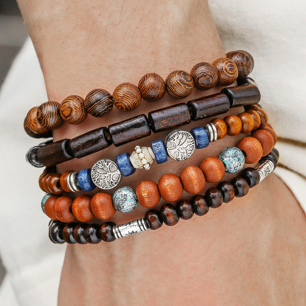 Vintage Ethnic Round Wood Beaded Tree of Life Bracelet for Men and Women