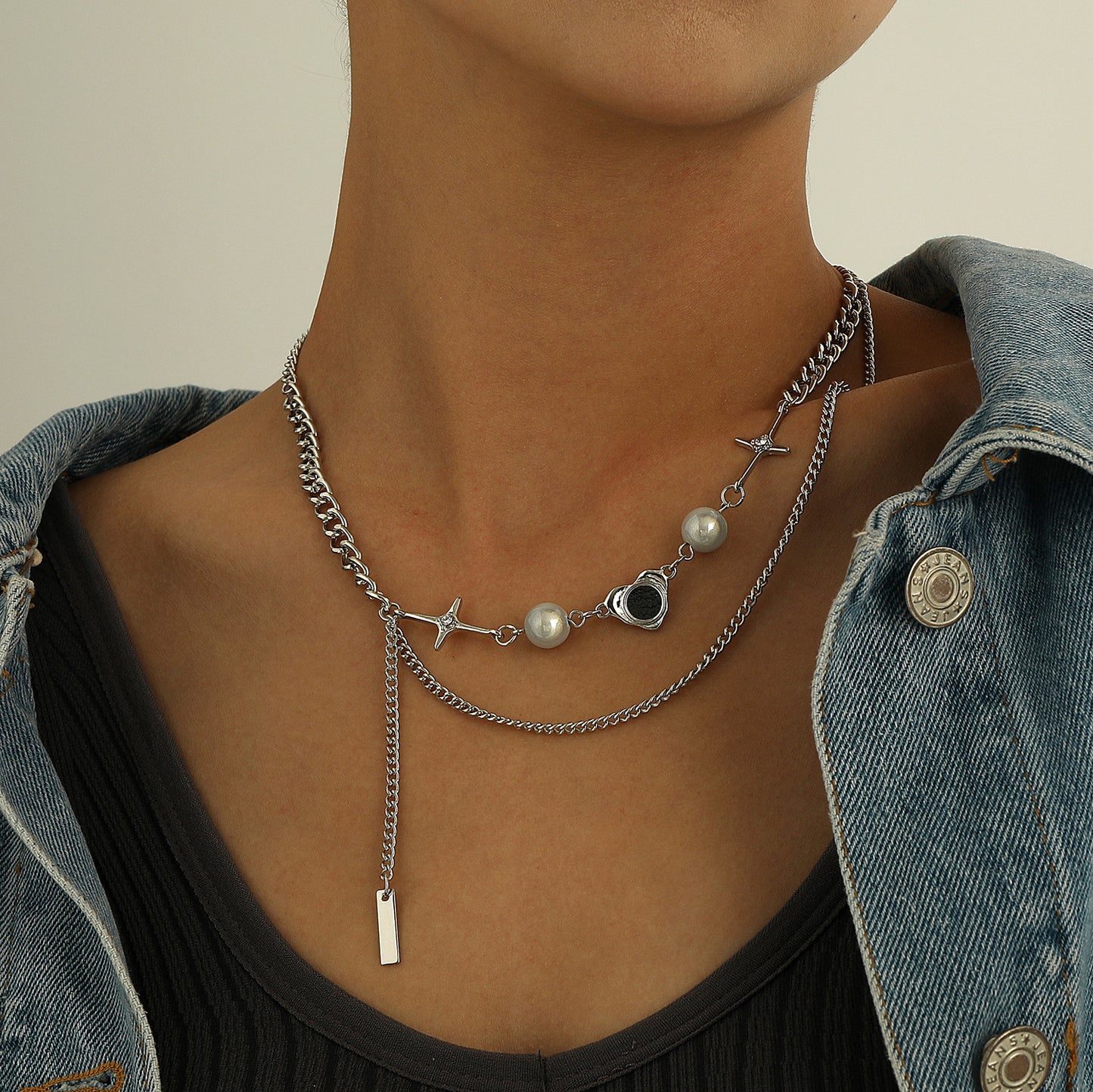 Retro Geometric Pendant Necklace for Women with Stainless Steel Chain, Luminescent Pearl and Rhinestone Star Accent, Fringe Detail, Plated Finish