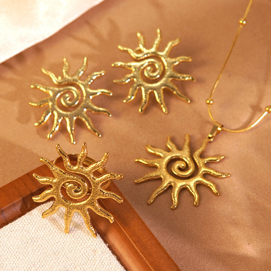 Vintage Luxury Hollow Sun Stainless Steel Plated Necklace and Earring Set for Women