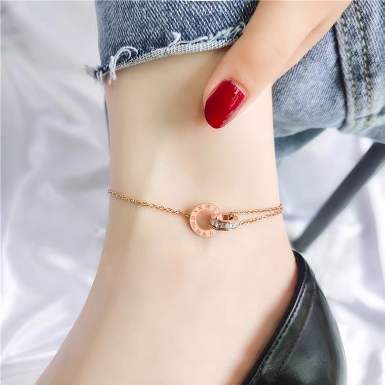 Fashion Double Ring Letter Anklet for Women 18K Rose Gold Plated Titanium Steel Jewelry