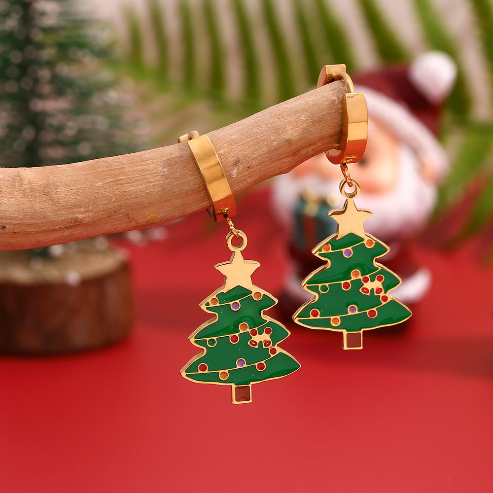 Cute Cartoon Christmas Tree Pendant Earrings in Stainless Steel with 18K Gold Plating for Women