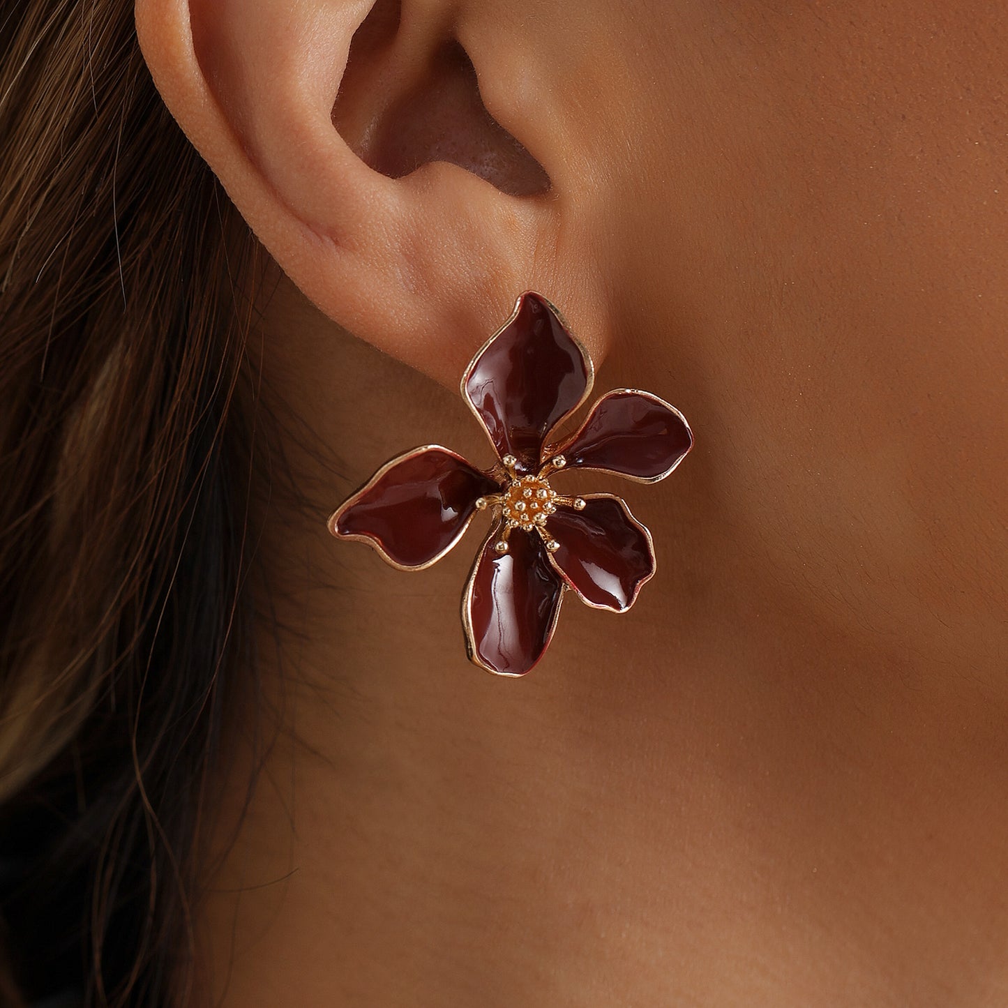 Vintage Floral Geometric Drip Oil Plated Zinc Alloy Earrings with Stainless Steel Posts
