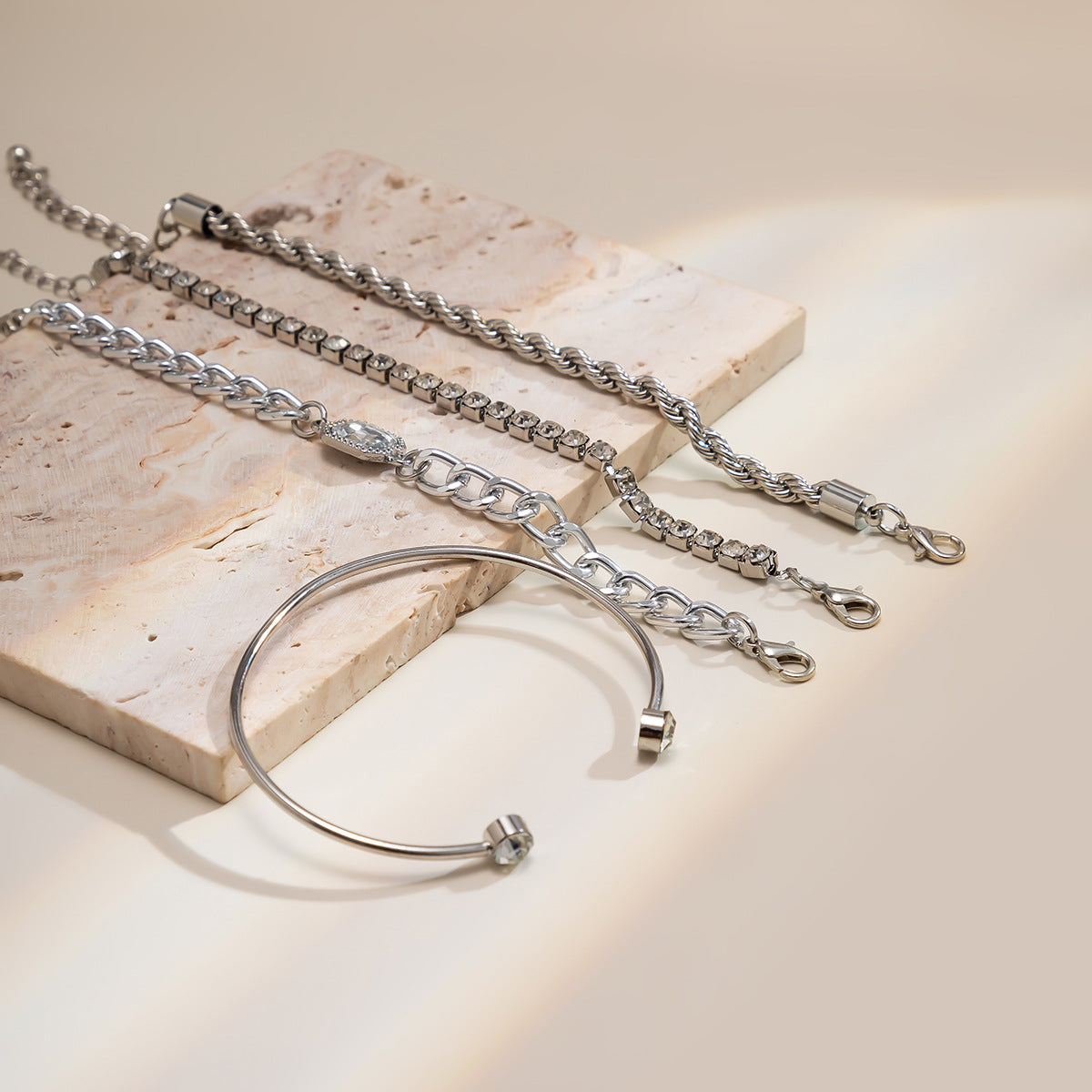 Minimalist Geometric Alloy Bracelet Set for Women with Rhinestone Inlay and Twisted Chain Design
