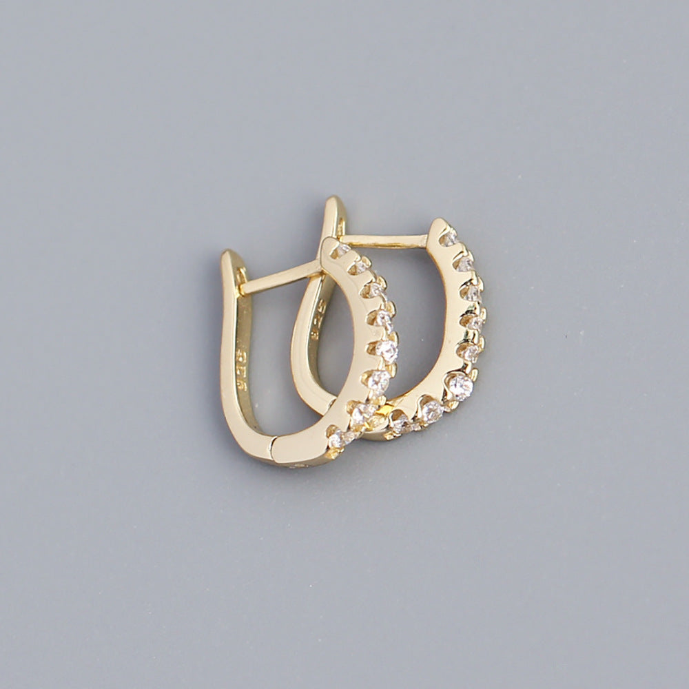 Pendientes de aro geométricos minimalistas en forma de U de plata de ley 925 con diamantes de una fila