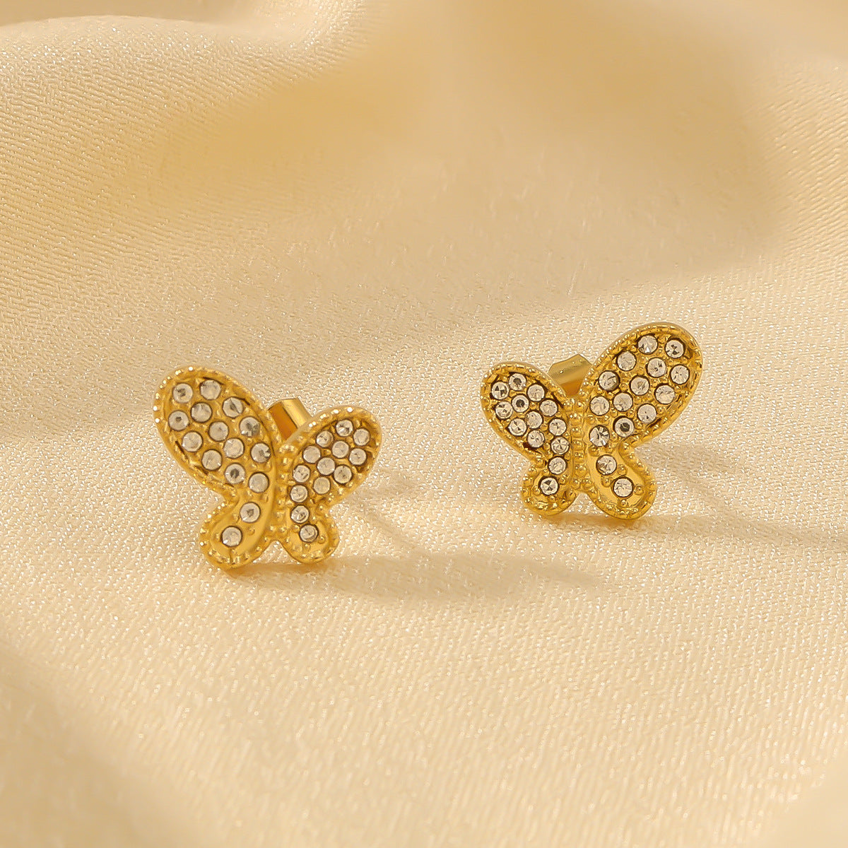 Minimalist Butterfly-Shaped Stainless Steel Earrings with Rhinestone Inlay Asymmetrical Design Hypoallergenic 18K Gold Plated