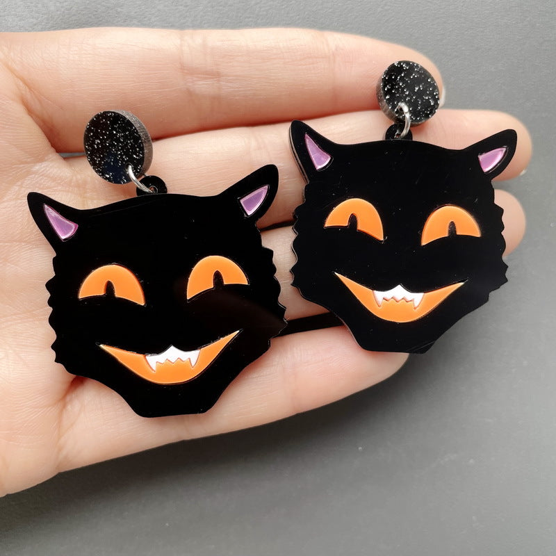Orecchini a perno in acrilico con gatto nero di Halloween, fantasma, teschio, labbra di zucca e lingua