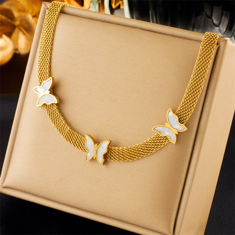 Fashionable Minimalist Butterfly Heart Pearl Pendant Necklace in Stainless Steel with Plated Finish for Women