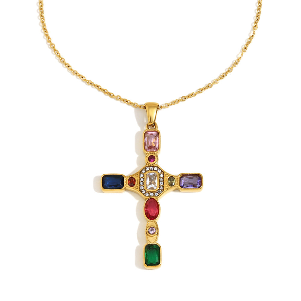 Collana Pendente a Croce Geometrica Ispirata alla Francia Vintage in Acciaio Inossidabile con Placcatura in Oro 18 carati da Donna