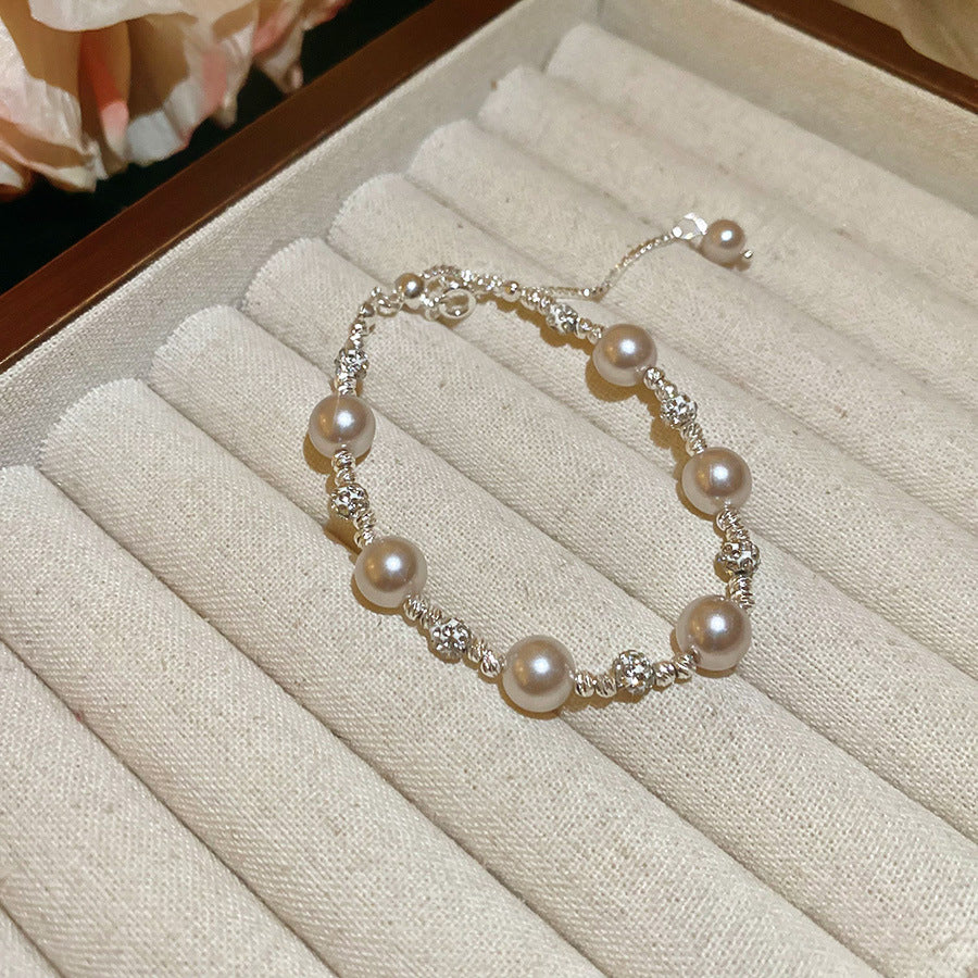 Elegante pulsera geométrica de perlas para mujer con detalles de pedrería, acabado chapado, estilo minimalista para oficina, joyería de lujo para uso diario