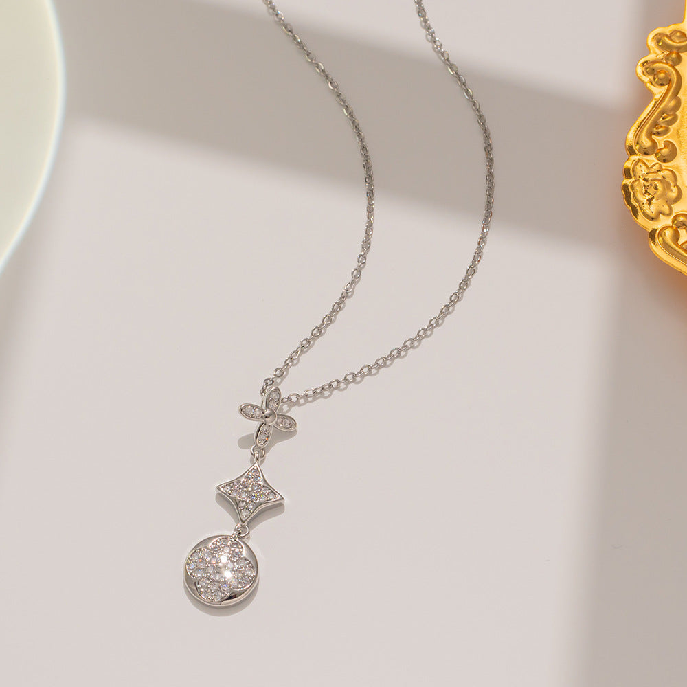 Minimalist Floral Three-Flower Titanium Steel Necklace for Women with Micro-Pavé Zirconia and Polished Ball Chain