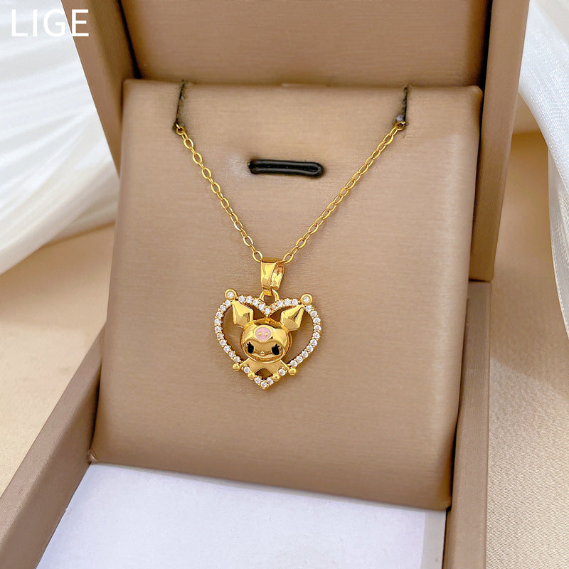 Sweet Luxury Heart Geometric Rhinestone Pendant Necklace Titanium Steel Cable Chain Unisex