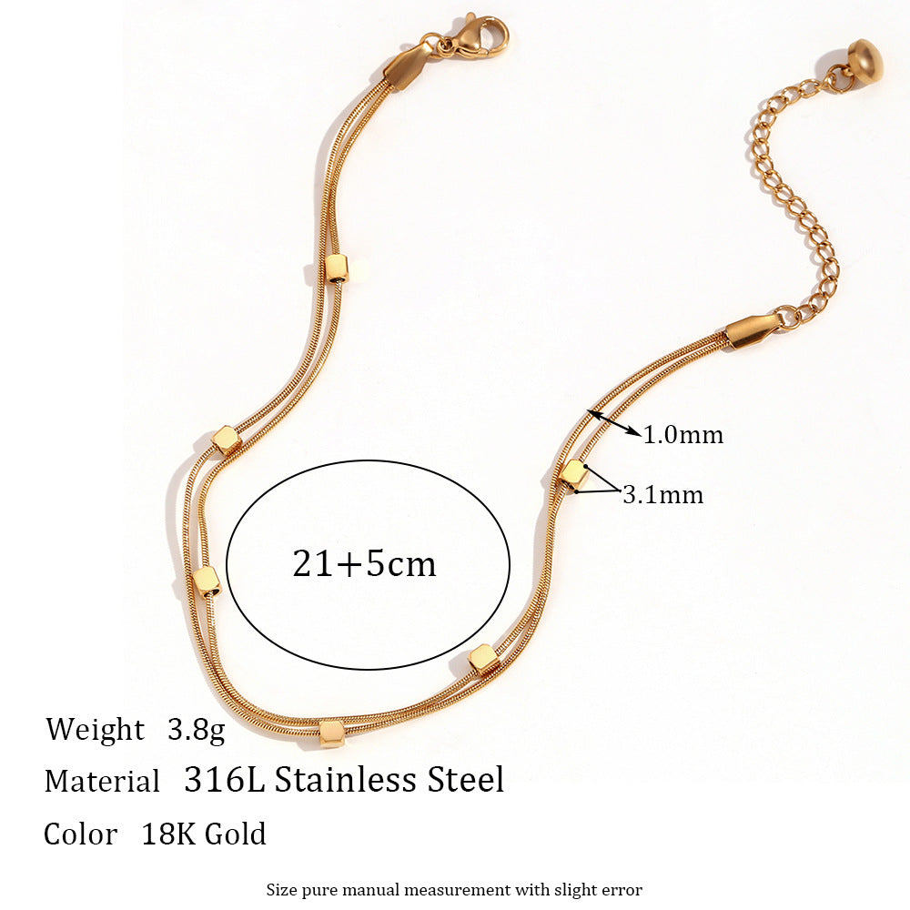 Minimalist Geometric Stainless Steel Anklet with 18K Gold Plated Cubic Beads and Double Snake Chain for Women