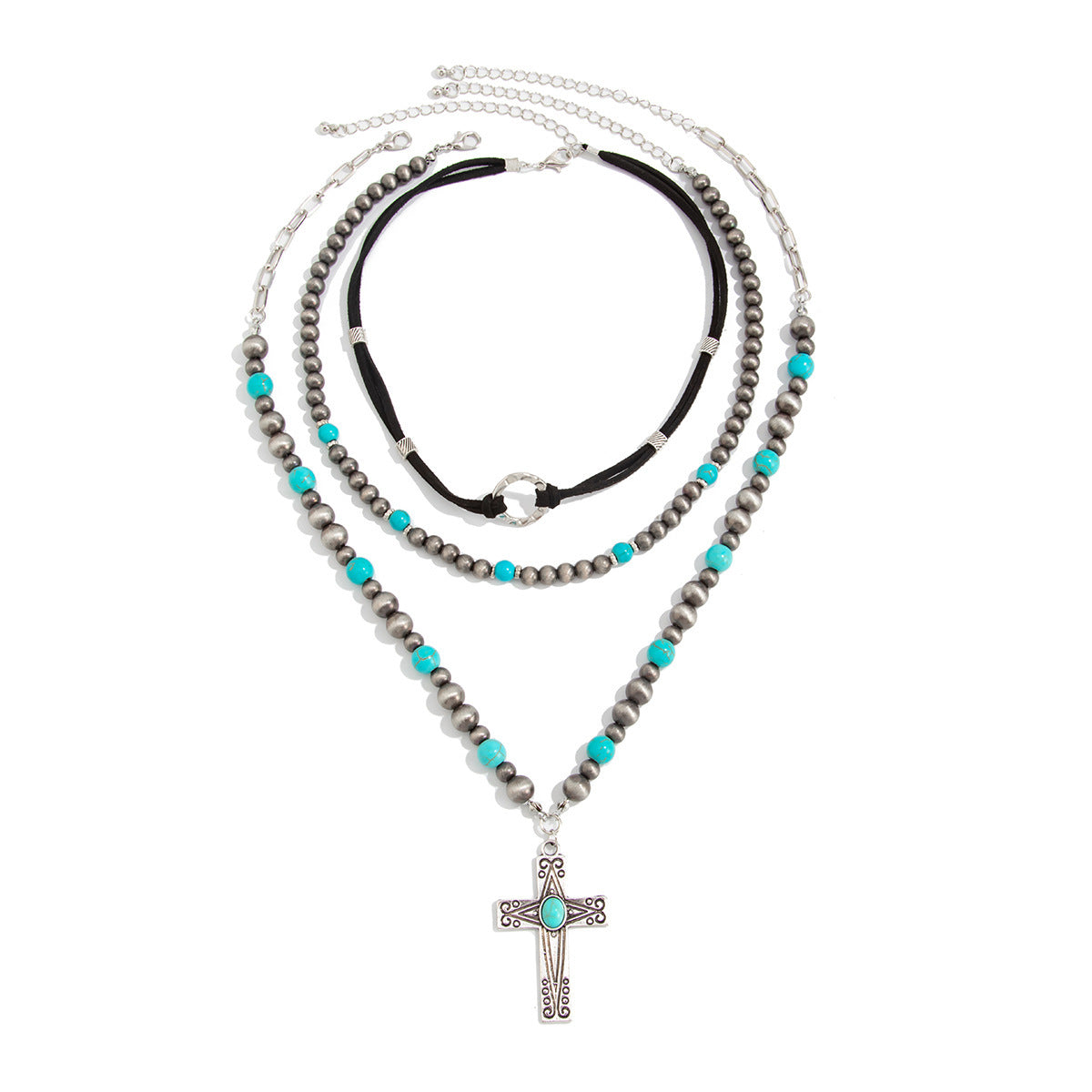 Collana con ciondolo in lega geometrico a croce a forma di testa di toro finta turchese etnica vintage da donna