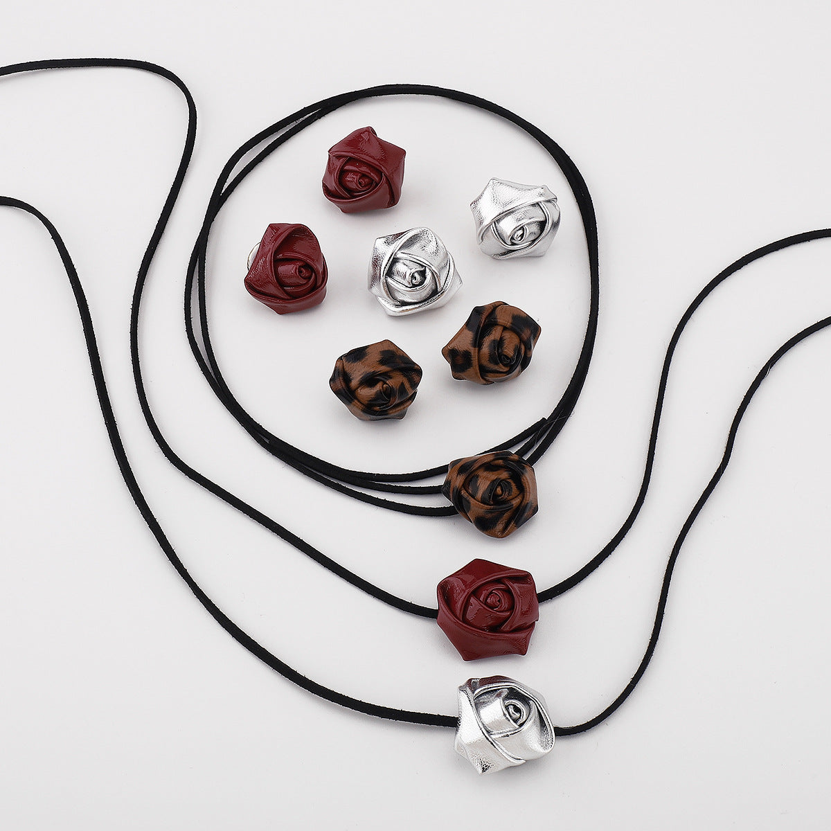 Juego de collar y pendientes con colgante de rosa floral estilo Ins con detalles de cuero de PU y acabado chapado para mujer