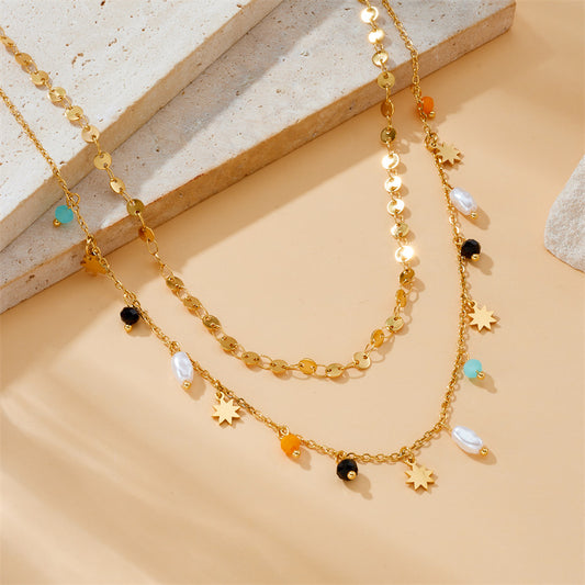 Collana Doppia Strati Impilabile con Ciondolo a Stella Geometrica e Perline Colorate Catena in Acciaio Inossidabile da Donna