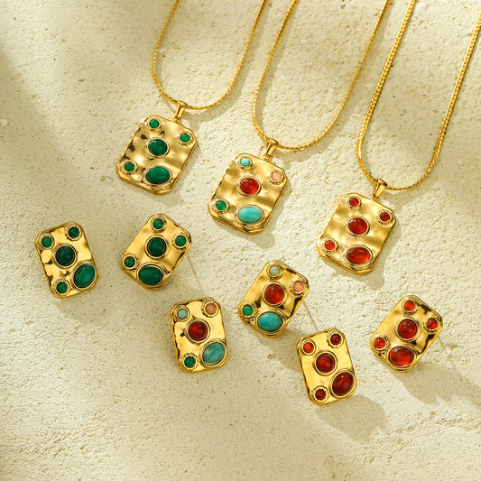 Set di collana con pendente in titanio e acciaio quadrato minimalista con intarsio in pietra naturale da donna
