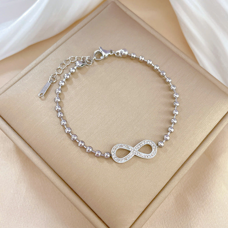 Vintage Bohemian Sweet Fresh Titanium Steel 8-Shape Round Bead Bracelet with Wavy Texture and Four-Season Bean Motif for Unisex