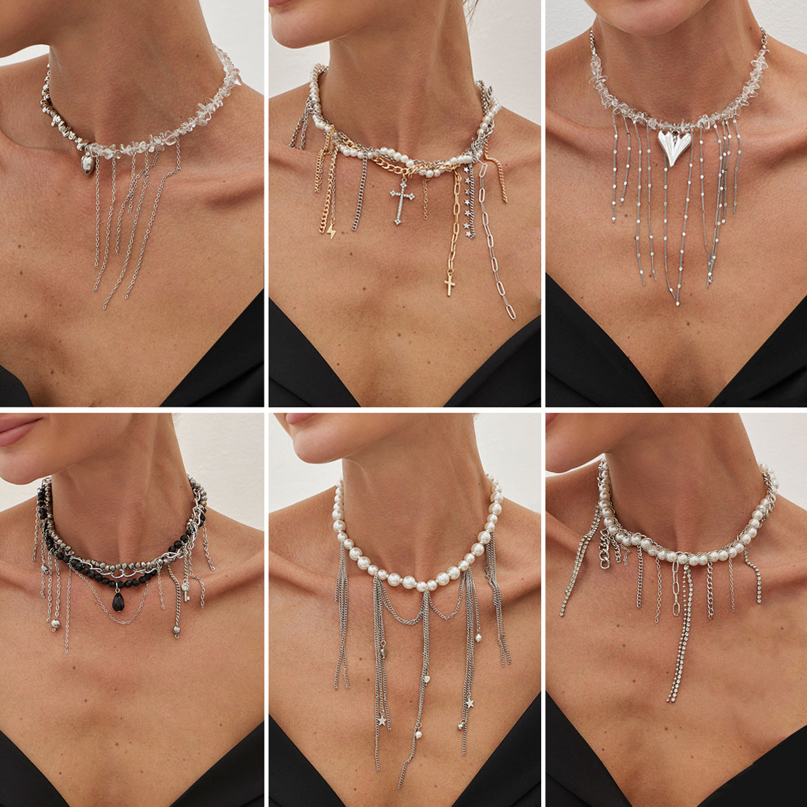 Streetwear Heart Cross Star Alloy Pearl Tassel Plated Iron Necklace for Women