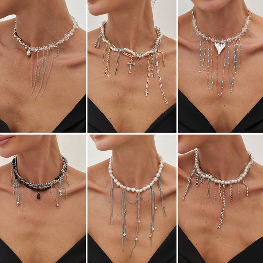 Streetwear Heart Cross Star Alloy Pearl Tassel Plated Iron Necklace for Women
