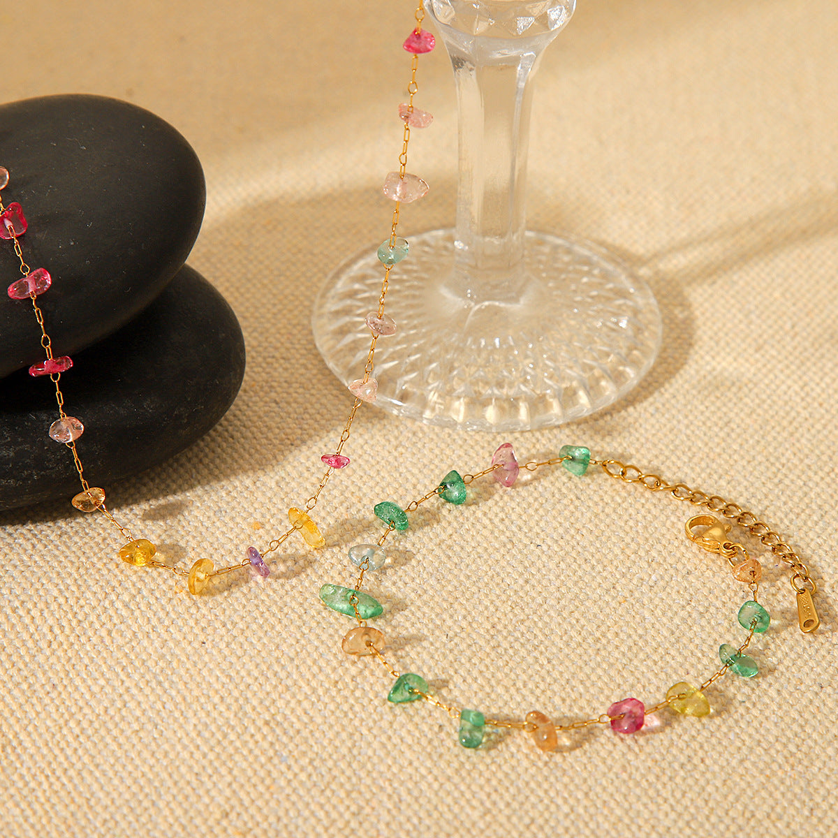 Minimalist Geometric Stainless Steel Plated Necklace for Women with Natural Stone Beads Fashionable Clavicle Chain