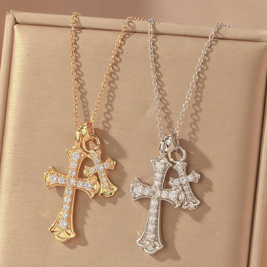 Luxury Sweet Double Cross Pendant Plated Titanium Steel Necklace with Curb Chain for Women
