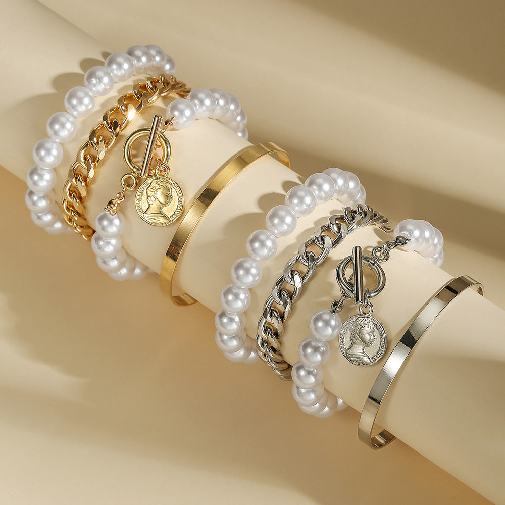Sweet Streetwear Alloy Plated Letter Cuban Link Chain Bracelet with Imitation Pearl for Women