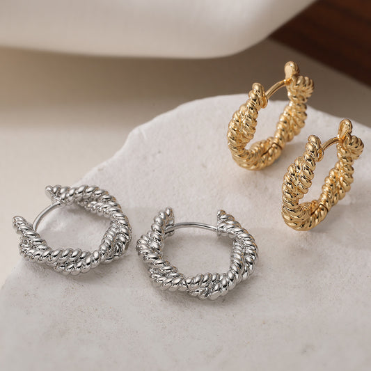 Minimalist Vintage 18K Gold Plated Brass Geometric Rope Hoop Earrings for Women
