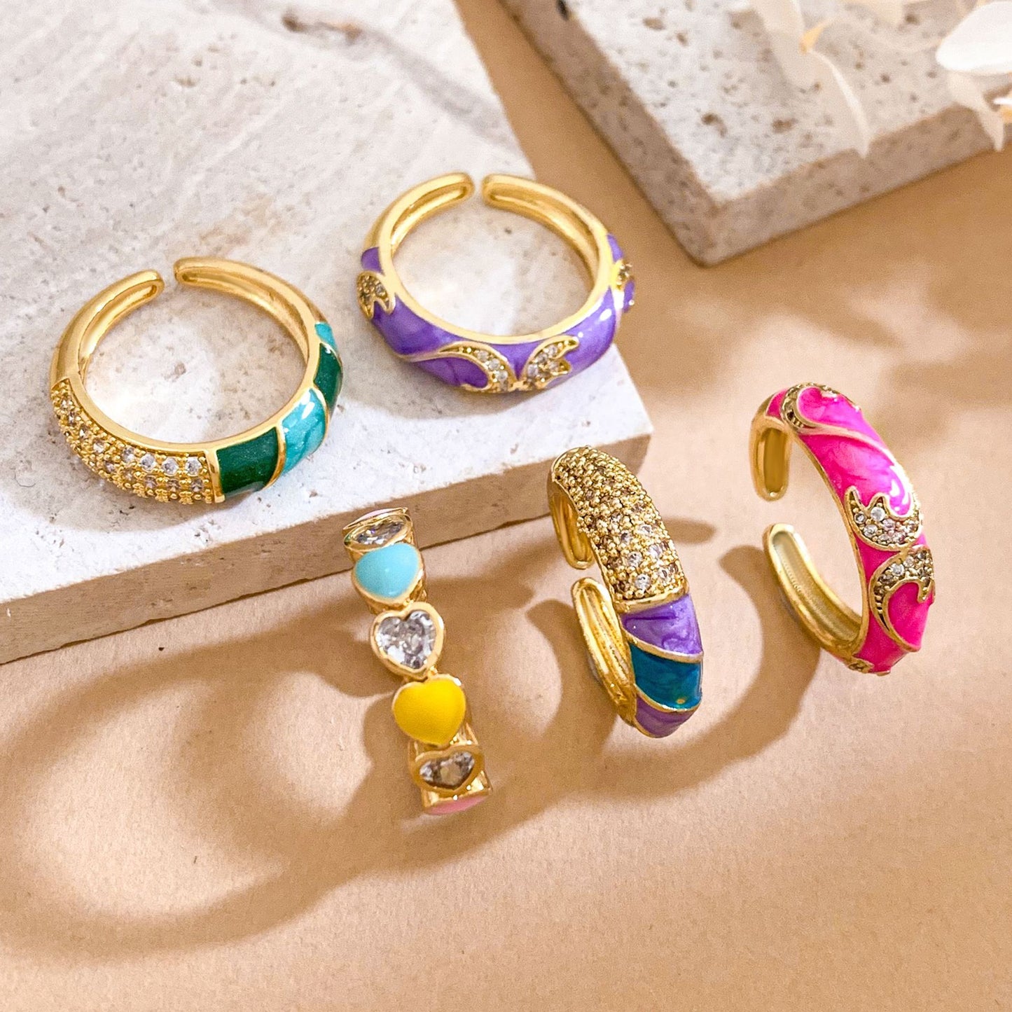 Minimalist Colorful Heart Drip Oil Gold Plated Brass Adjustable Ring for Women