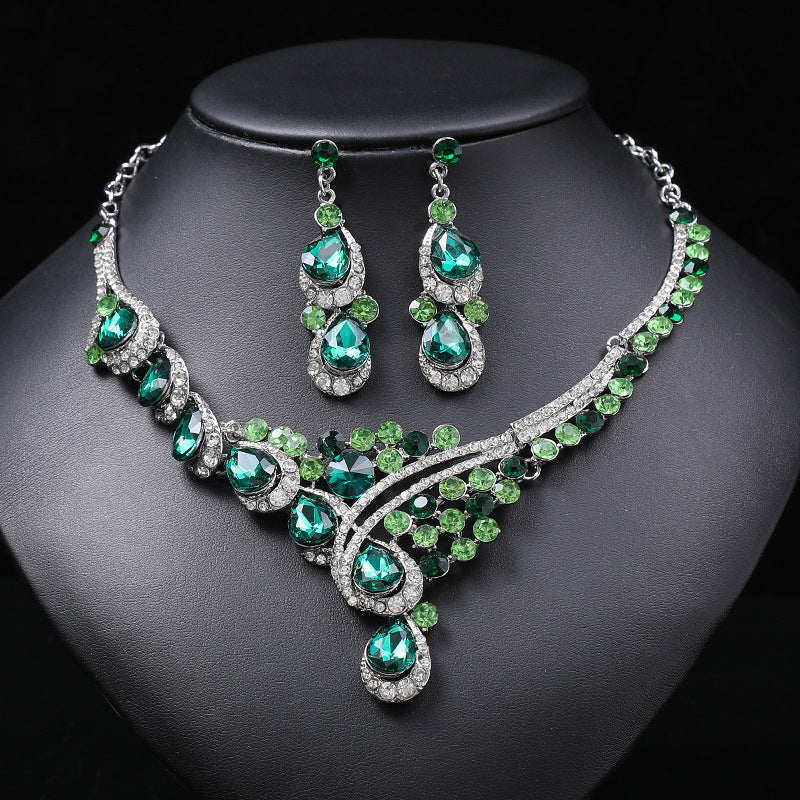 Exaggerated Vintage Alloy Necklace Set for Women with Rhinestone Accents Snake Chain and Matching Earrings Floral Wheat and Tree Motifs