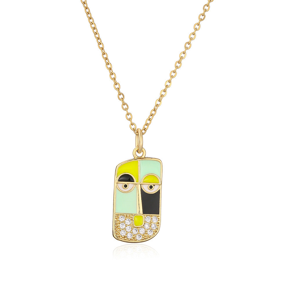 Collana con ciondolo in rame geometrico creativo placcato oro con intarsio di strass e design a ritratto smaltato per donna
