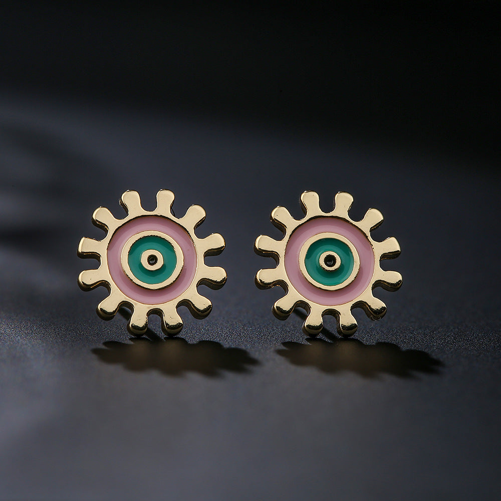 Orecchini a perno geometrici minimalisti carini in rame con placcatura in oro 18 carati e dettagli colorati smaltati a forma di occhio