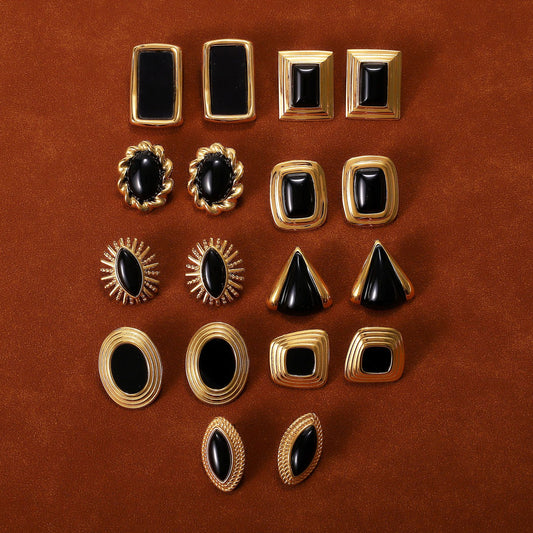 Orecchini a perno geometrici minimalistici in agata nera in acciaio inossidabile con placcatura in oro PVD sottovuoto per donna