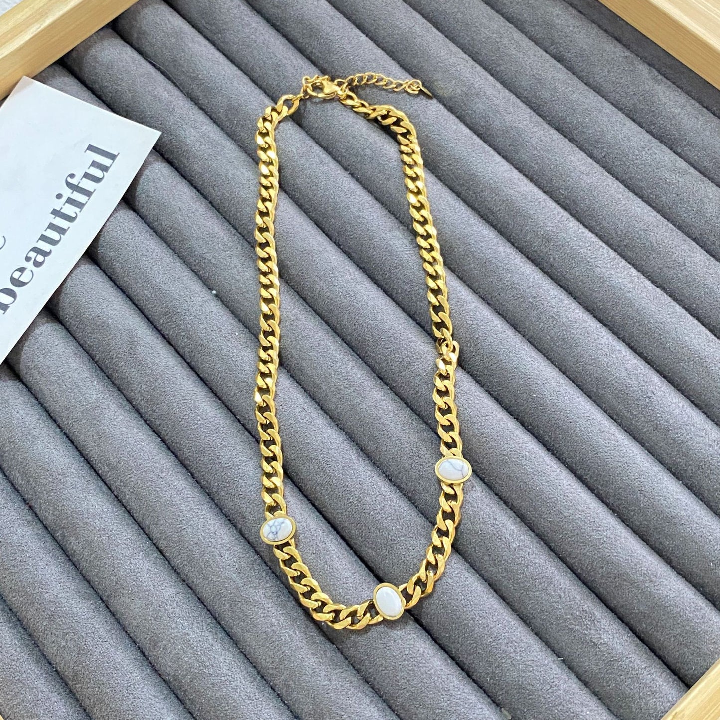 Hip-hop Gold Plated Geometric Titanium Steel Necklace with White Turquoise Inlay