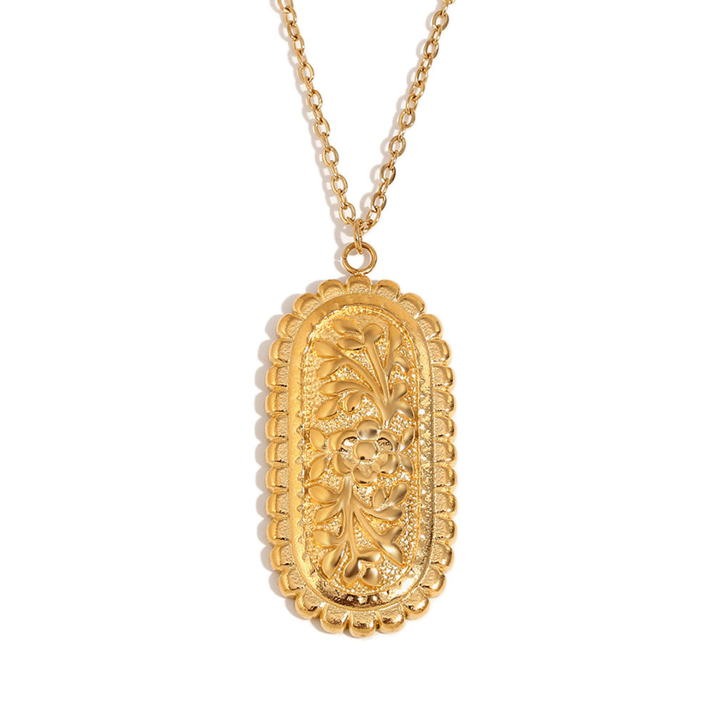 Vintage-Style Oval Embossed Necklace for Women with Stainless Steel Chain and Titanium Steel Pendant, Electroplated with 18K Gold