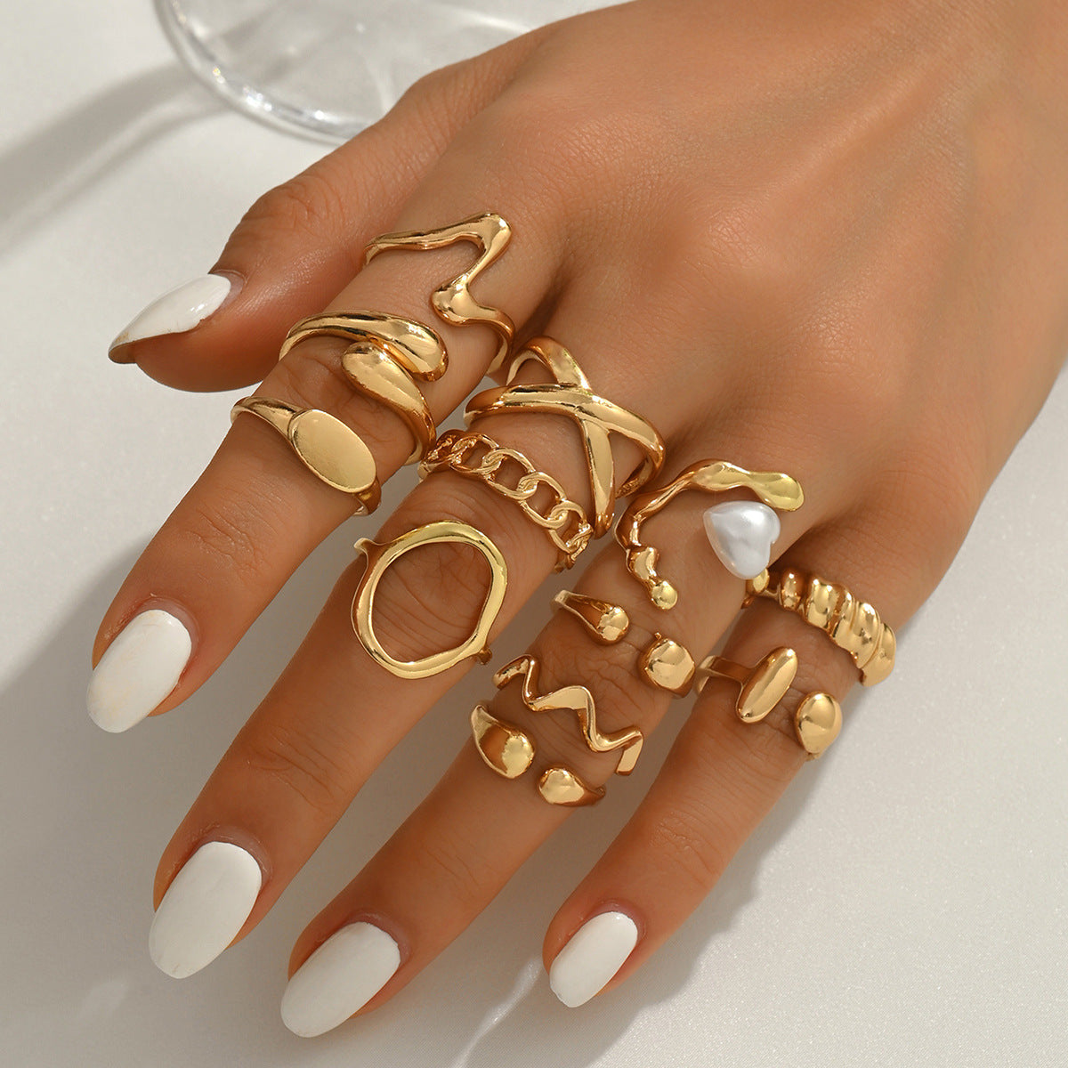 Minimalist Geometric Open Ring Set for Women in Zinc Alloy with Pearl Inlay, Fashionable Everyday Jewelry