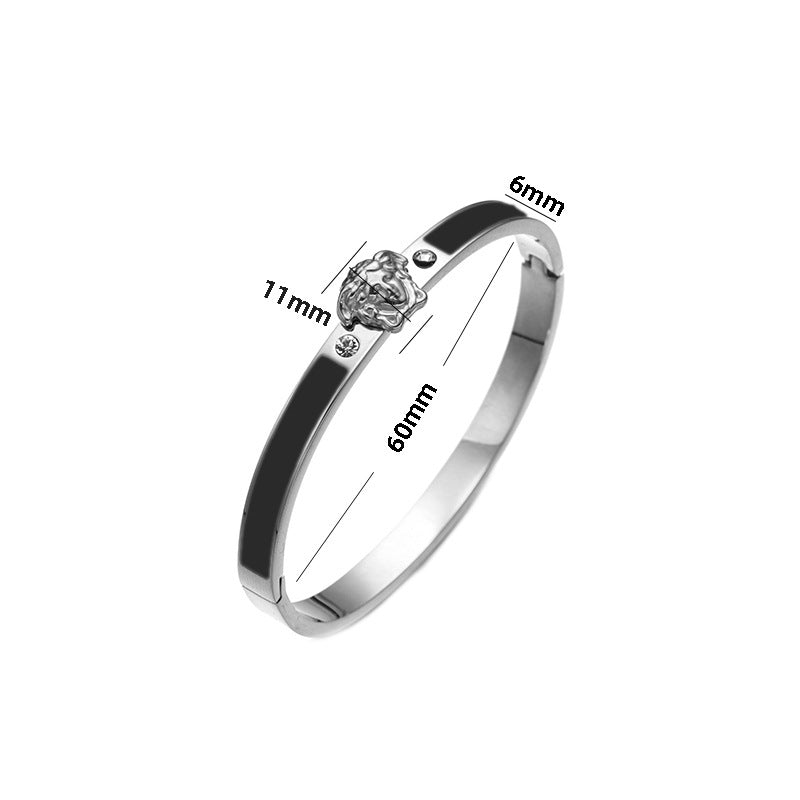 Bracciale Minimalista in Acciaio Inossidabile da Donna con Placcatura in Acciaio al Titanio e Intarsio di Strass a Forma Geometrica Ovale