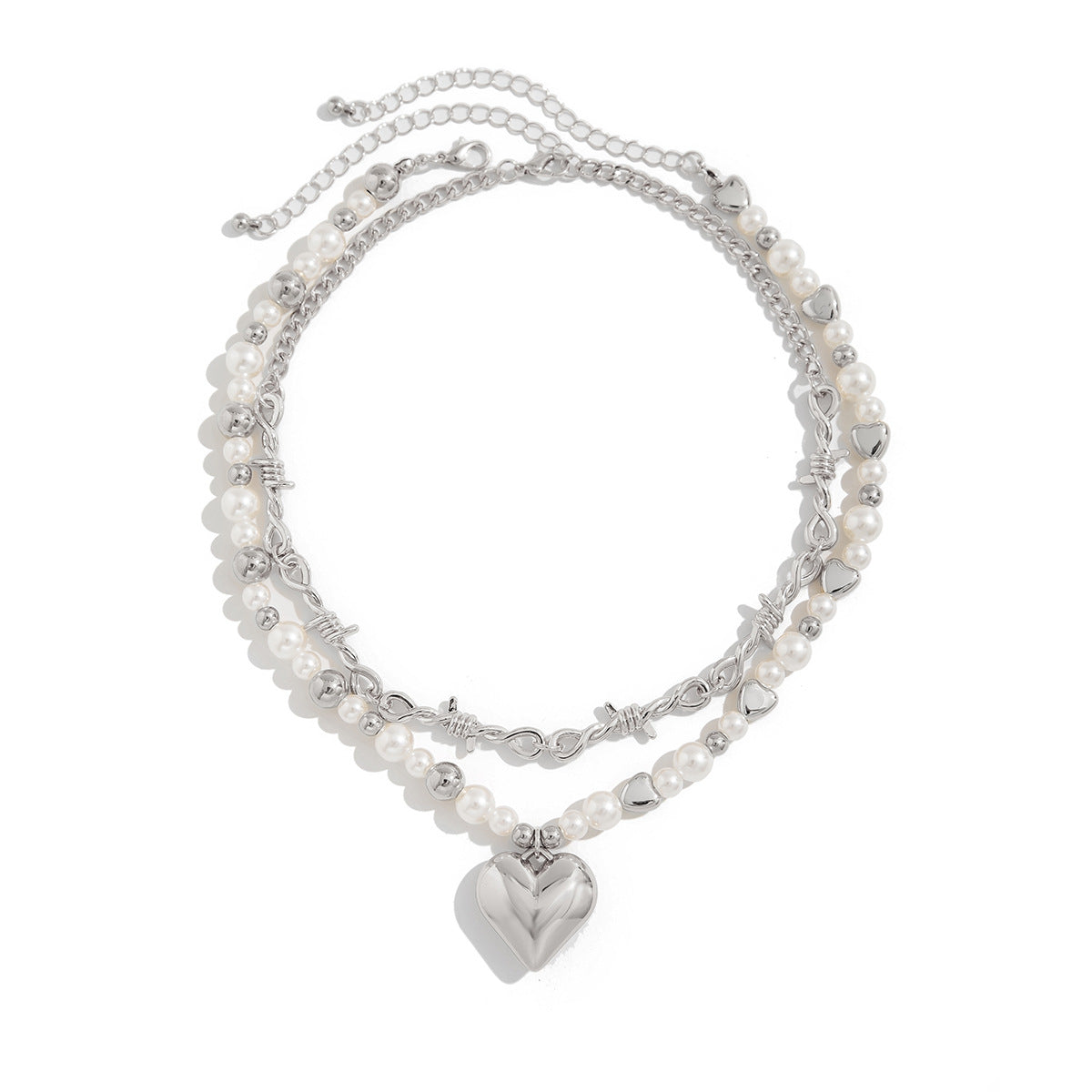 Fashion Heart Alloy Pendant Necklace with Imitation Pearl Beads Multi-layer Clavicle Chain for Women