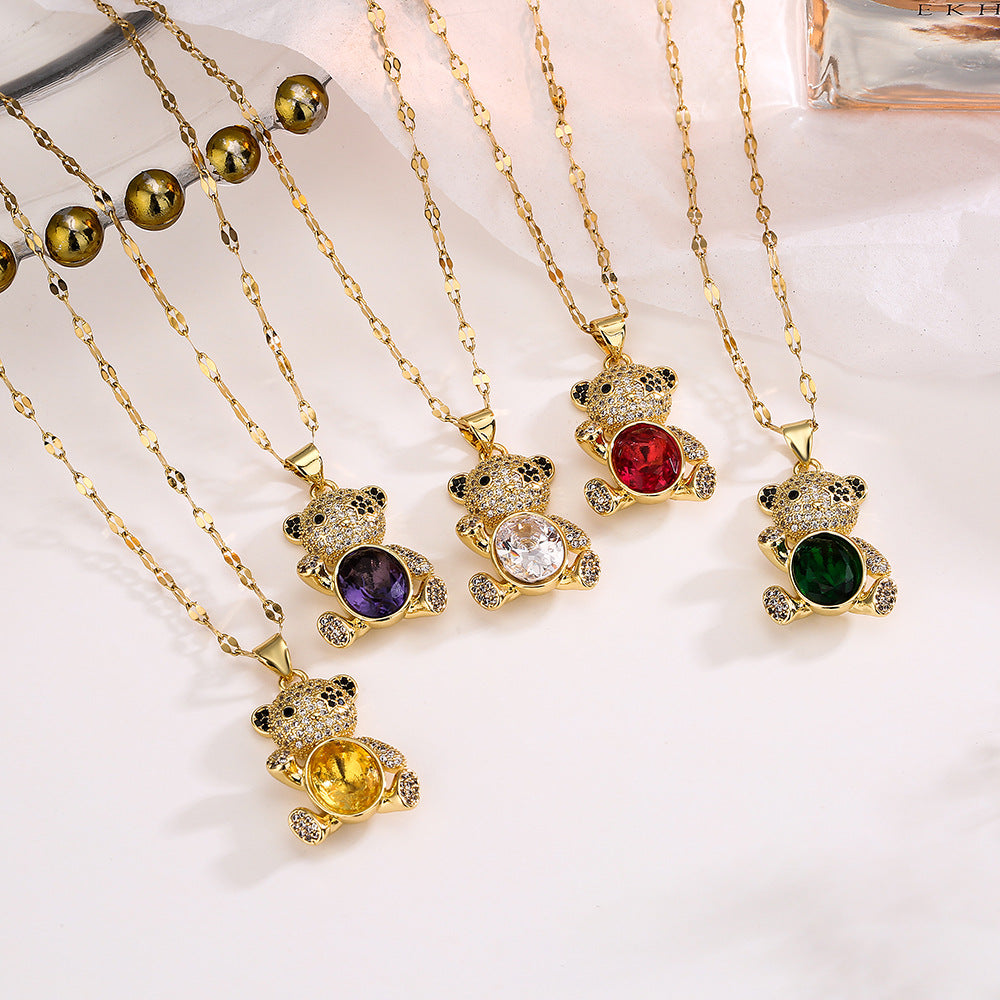 Cute Minimalist Bear-Shaped Copper Necklace with Real Gold Plating and Zircon Inlay for Women