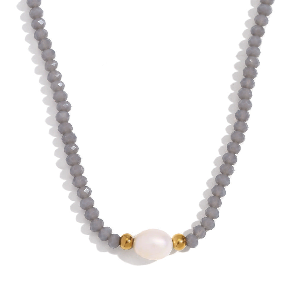Fashionable Vintage Geometric Stainless Steel Pendant Necklace with Freshwater Pearl and Light Crystal Beads for Women