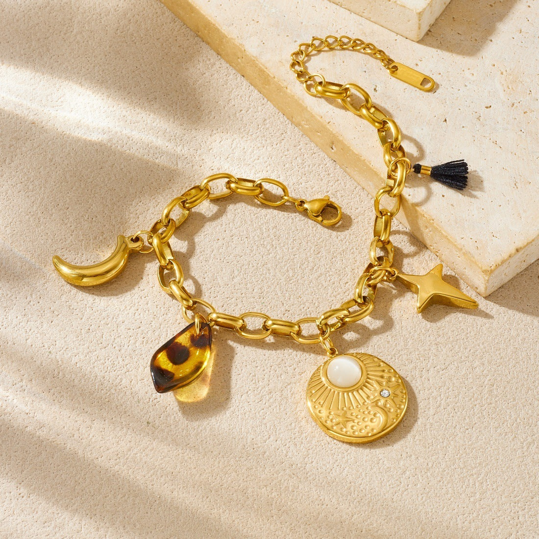 Vintage Gold Plated Star Moon Round Stainless Steel Bracelet