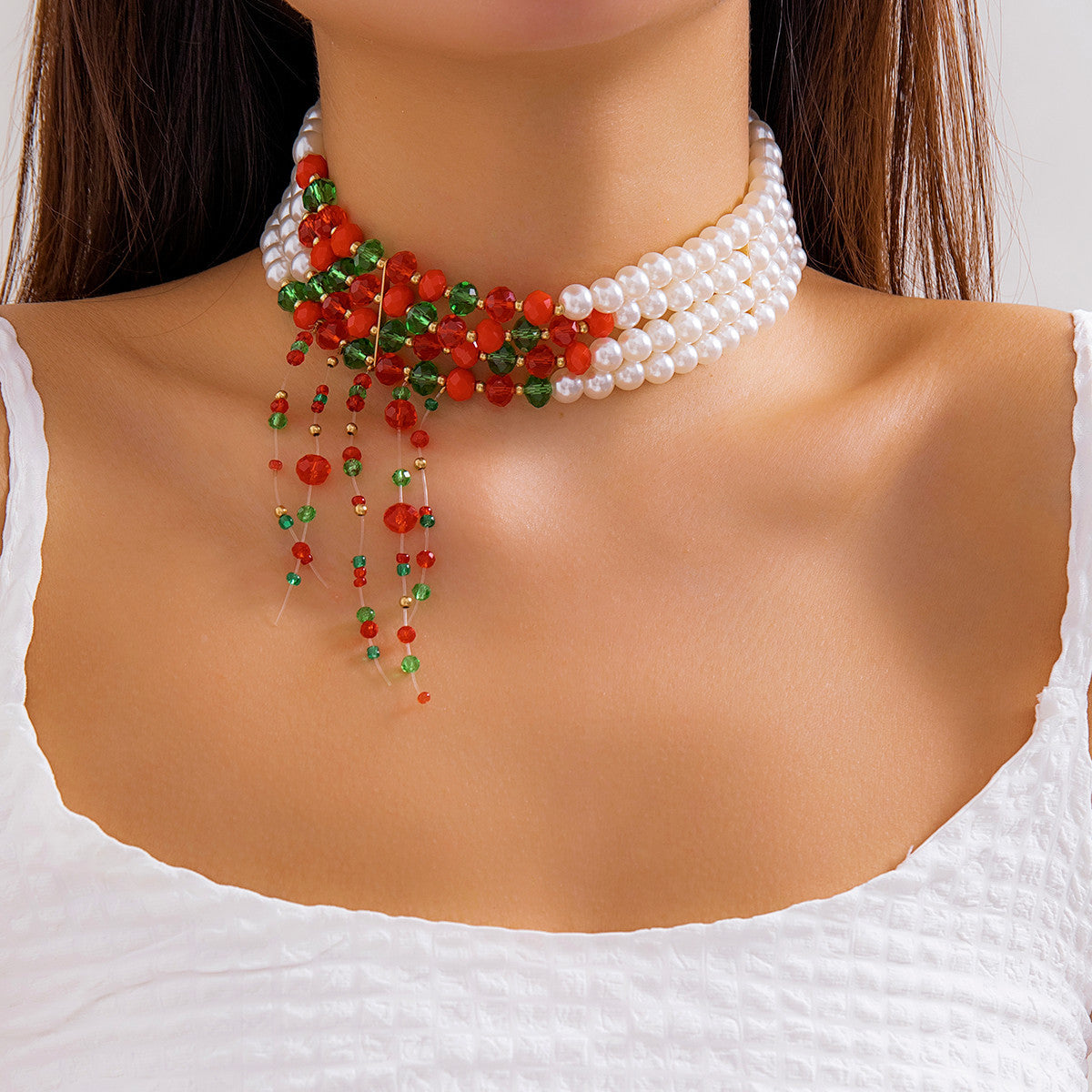 Gargantilla gótica vintage de varias capas con cuentas estilo perla, forma geométrica y detalles de borlas para mujer