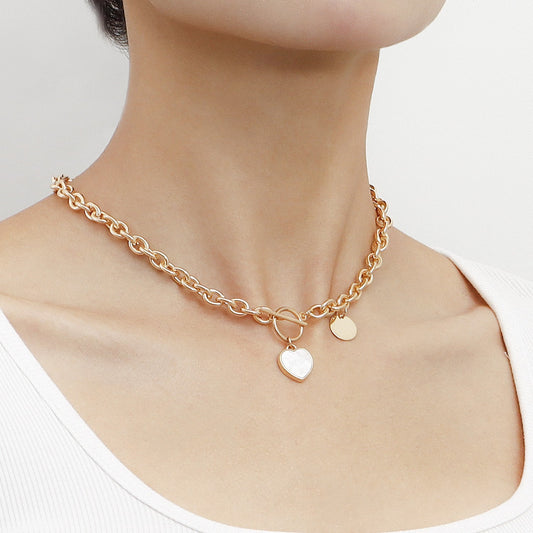 Minimalist Heart-Shaped Mother-of-Pearl Pendant Necklace for Women Alloy Chain with Plating Finish Clavicle Chain