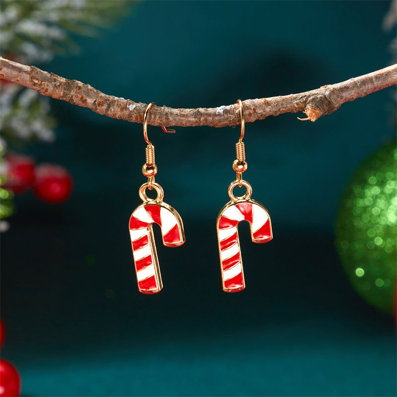 Pendientes de Navidad con forma de bastón de caramelo para mujer con base de aleación de zinc y acabado galvanizado, joyas festivas coloridas rojas y verdes para fiestas navideñas.