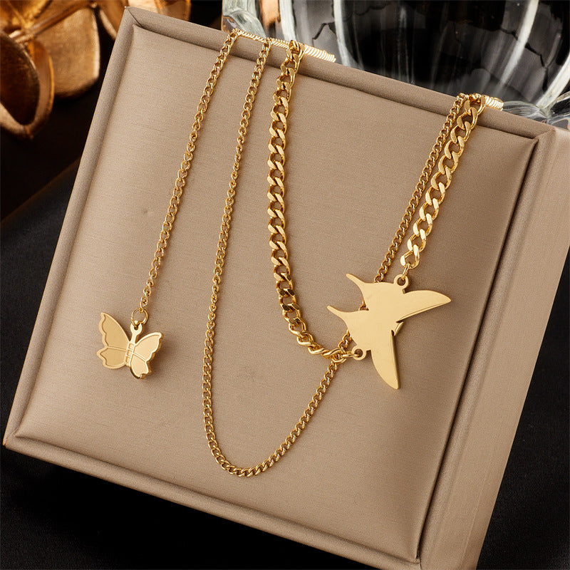 Minimalist Butterfly and Heart Shaped Stainless Steel Pendant Necklace with Rhinestone Inlay, Irregular Square Design and Fringe Chain